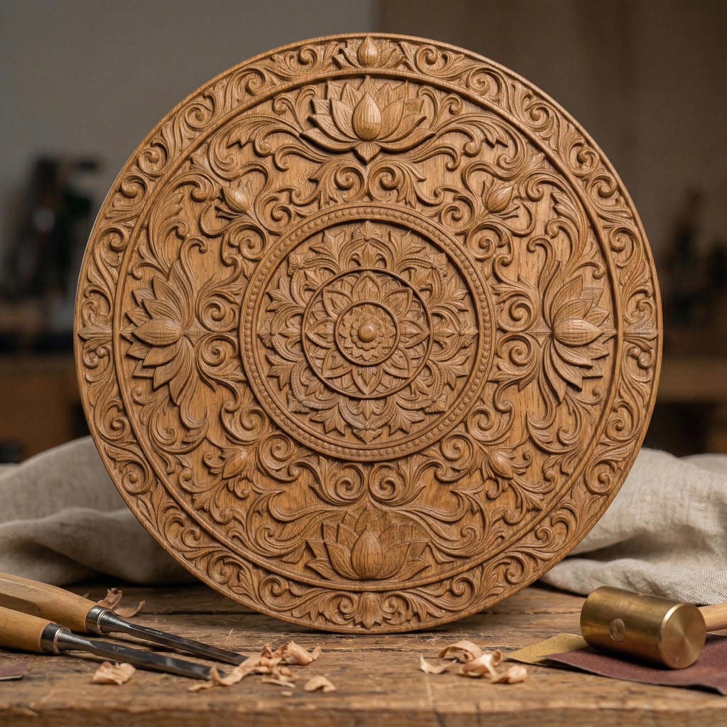 Intricately carved circular lotus mandala with layered floral petals and symmetrical scrollwork, featuring a central rosette surrounded by ornate botanical patterns and repeating lotus motifs, rendered in deep wood texture with high-relief detailing, ideal for spiritual decor and meditative wall art.