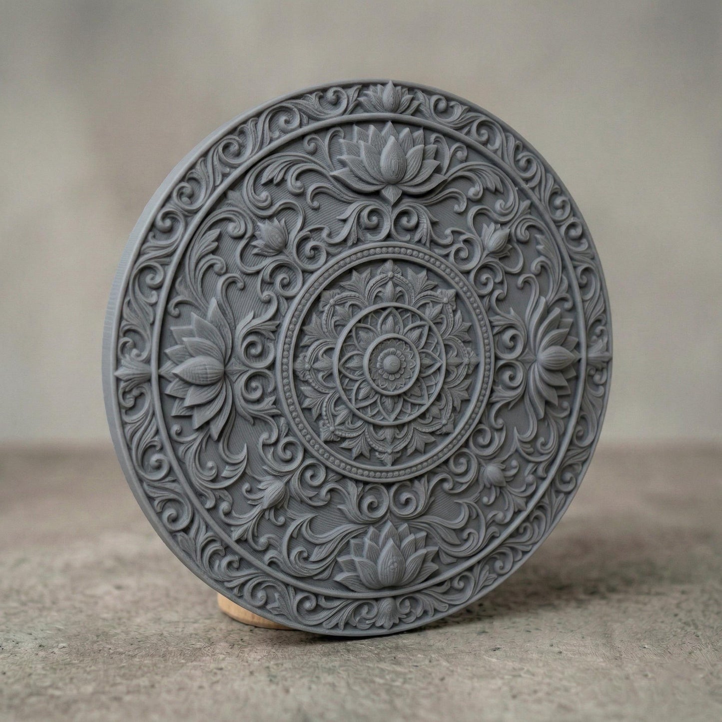 Intricately carved circular lotus mandala with layered floral petals and symmetrical scrollwork, featuring a central rosette surrounded by ornate botanical patterns and repeating lotus motifs, rendered in deep wood texture with high-relief detailing, ideal for spiritual decor and meditative wall art.