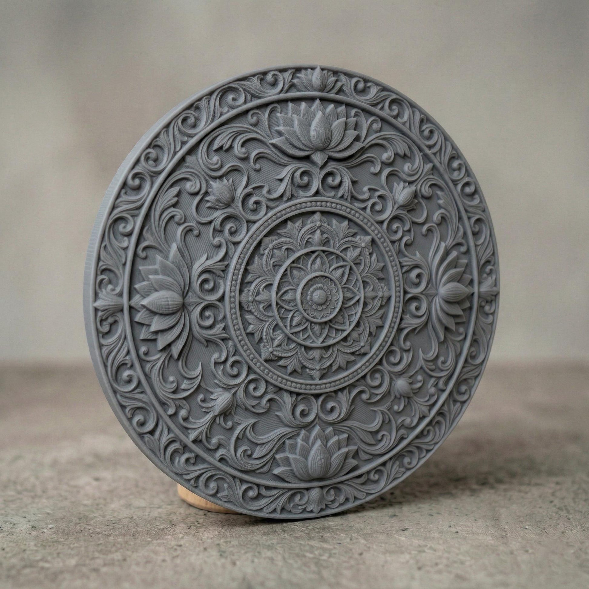 Intricately carved circular lotus mandala with layered floral petals and symmetrical scrollwork, featuring a central rosette surrounded by ornate botanical patterns and repeating lotus motifs, rendered in deep wood texture with high-relief detailing, ideal for spiritual decor and meditative wall art.
