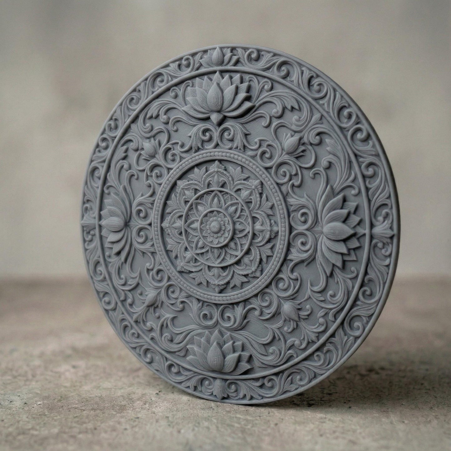 Intricately carved circular lotus mandala with layered floral petals and symmetrical scrollwork, featuring a central rosette surrounded by ornate botanical patterns and repeating lotus motifs, rendered in deep wood texture with high-relief detailing, ideal for spiritual decor and meditative wall art.
