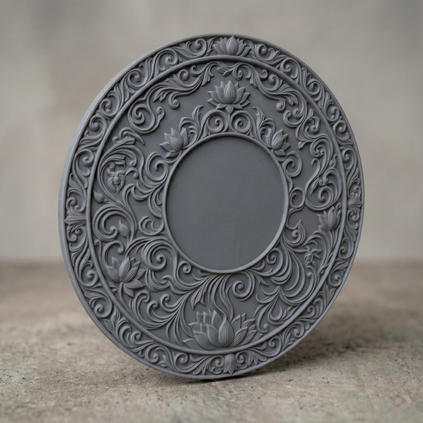 Intricately carved circular lotus mandala with layered floral petals and symmetrical scrollwork, featuring a central rosette surrounded by ornate botanical patterns and repeating lotus motifs, rendered in deep wood texture with high-relief detailing, ideal for spiritual decor and meditative wall art.