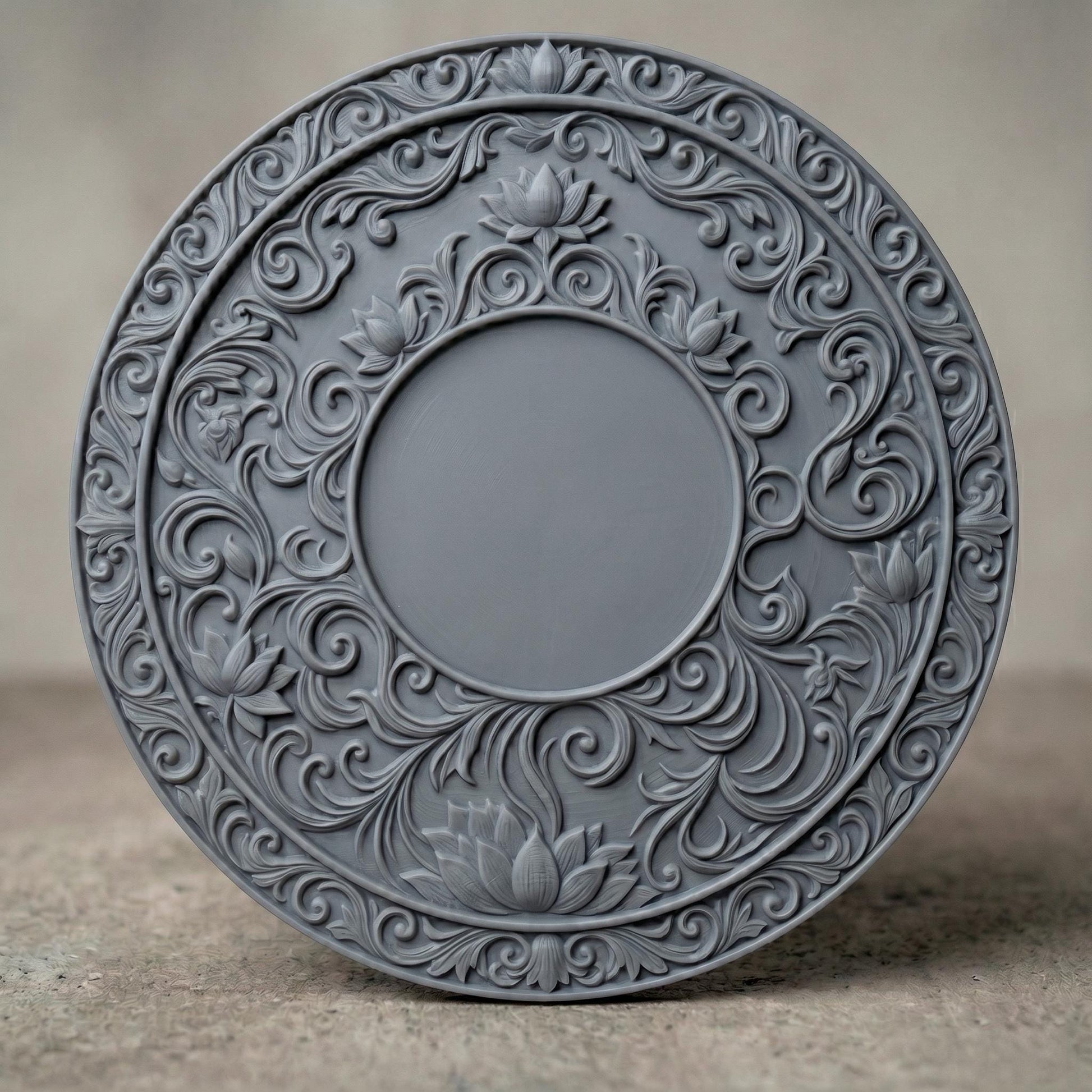 Intricately carved circular lotus mandala with layered floral petals and symmetrical scrollwork, featuring a central rosette surrounded by ornate botanical patterns and repeating lotus motifs, rendered in deep wood texture with high-relief detailing, ideal for spiritual decor and meditative wall art.
