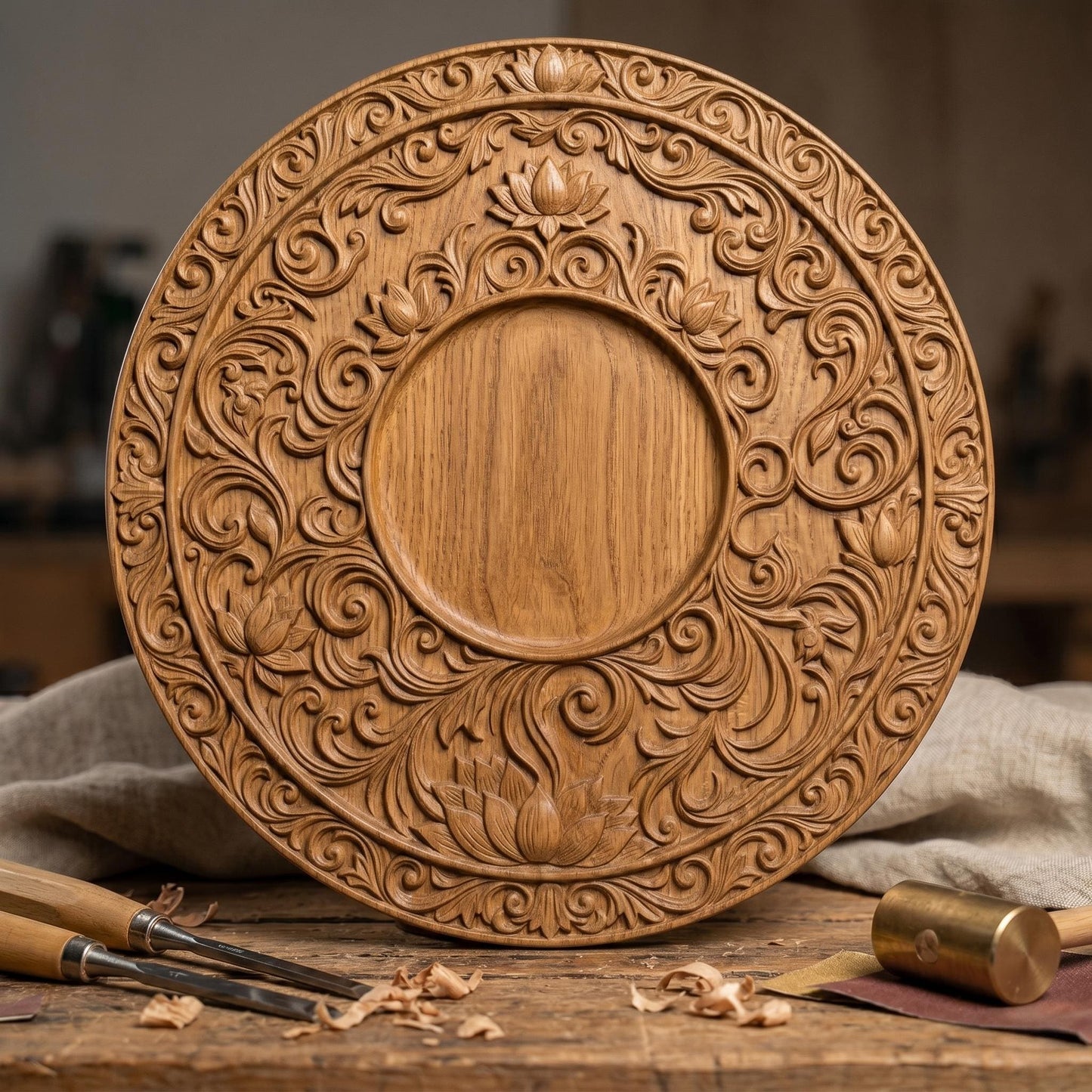 Intricately carved circular lotus mandala with layered floral petals and symmetrical scrollwork, featuring a central rosette surrounded by ornate botanical patterns and repeating lotus motifs, rendered in deep wood texture with high-relief detailing, ideal for spiritual decor and meditative wall art.