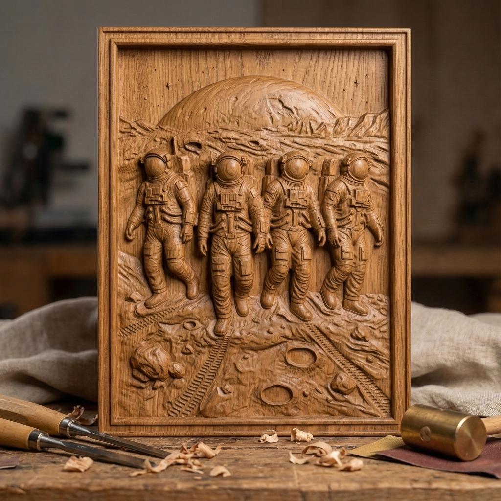 Detailed bas-relief carving of four astronauts walking across a lunar surface with visible craters and rover tracks, set against a large planetary horizon and rugged terrain, framed in a rectangular wooden panel. The figures wear full space suits with helmets and backpacks, captured in motion with realistic depth and texture, evoking space exploration and teamwork.