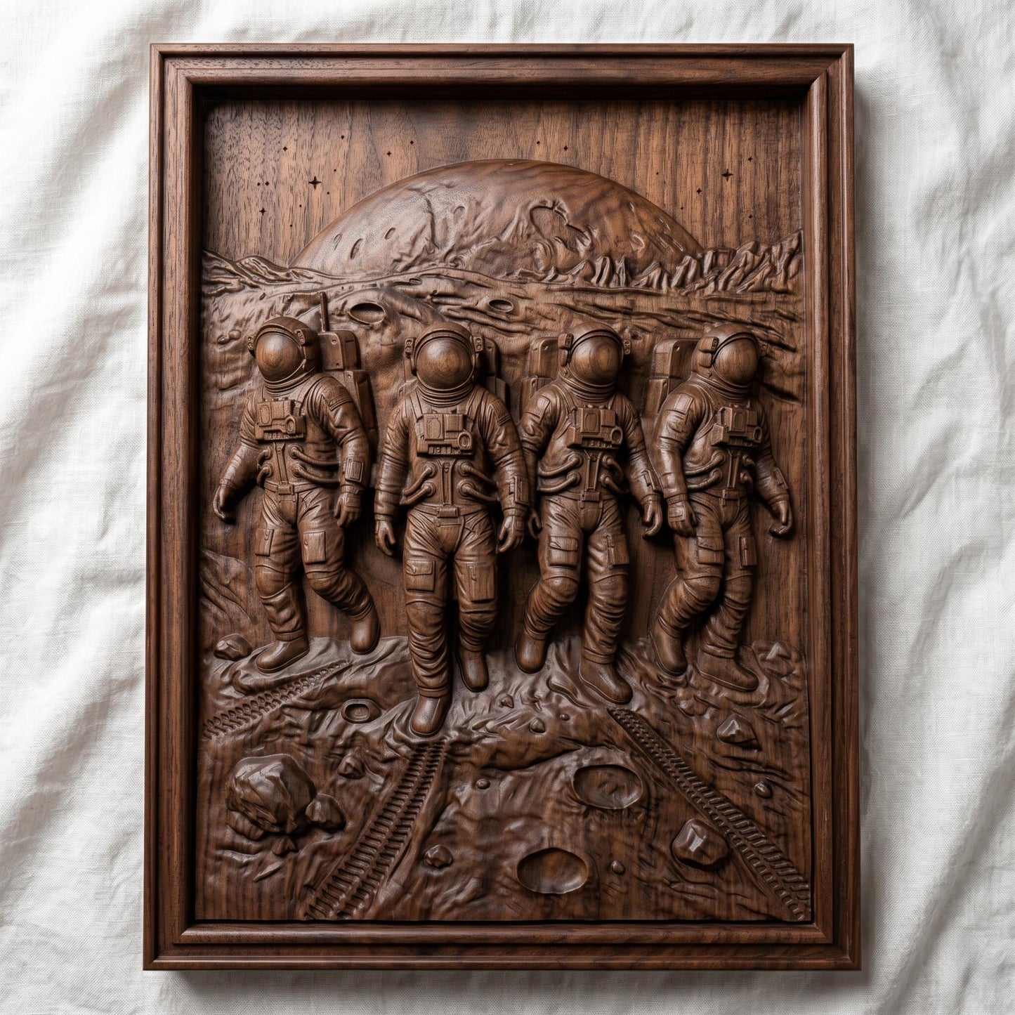 Detailed bas-relief carving of four astronauts walking across a lunar surface with visible craters and rover tracks, set against a large planetary horizon and rugged terrain, framed in a rectangular wooden panel. The figures wear full space suits with helmets and backpacks, captured in motion with realistic depth and texture, evoking space exploration and teamwork.