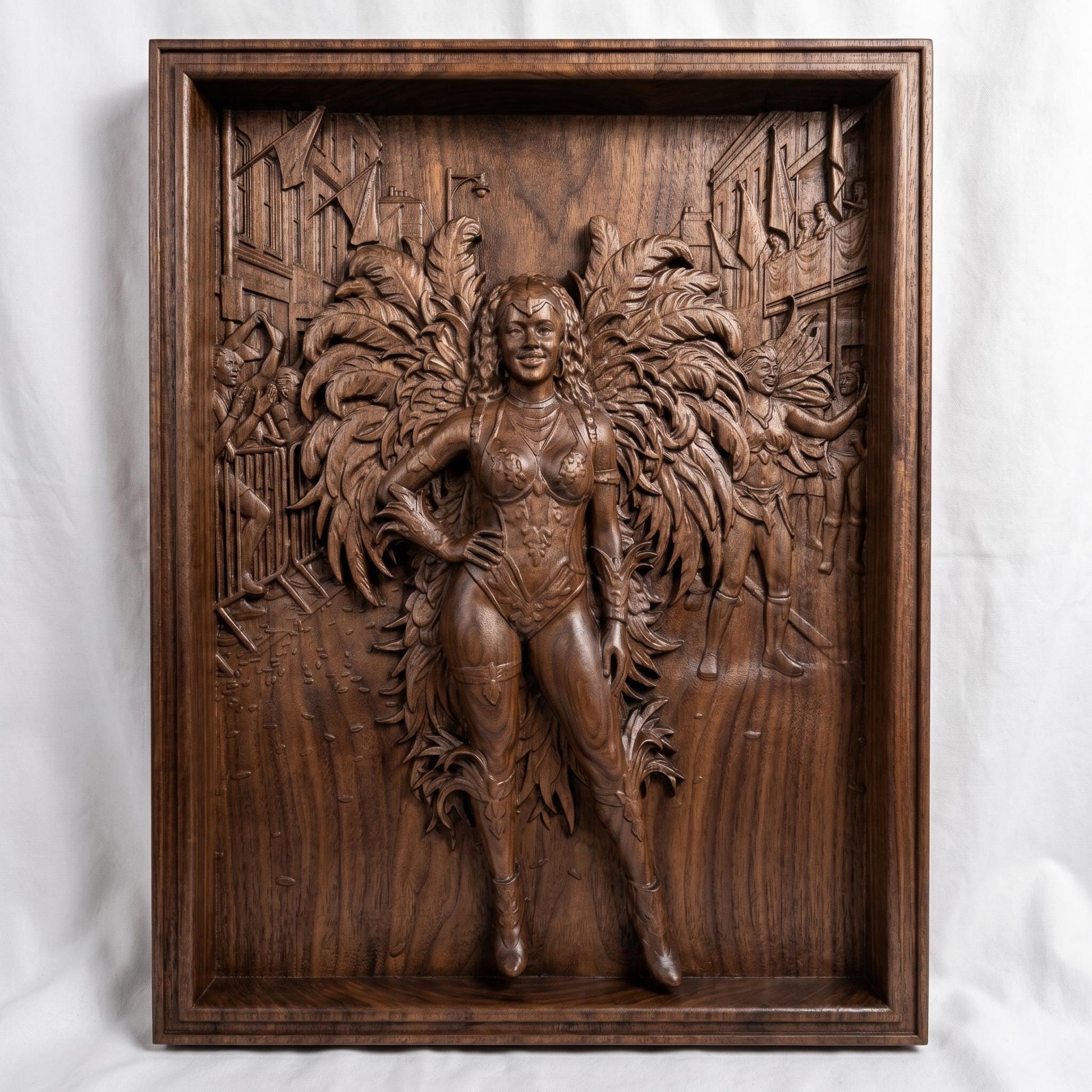 Intricate bas-relief carving of a confident female carnival dancer wearing a detailed feathered costume with large wings, standing in a festive street scene with musicians and performers in the background. The composition features layered depth, ornate textures, and flowing feather details, framed in a classic rectangular border, ideal for CNC carving or 3D printing decorative wall art.