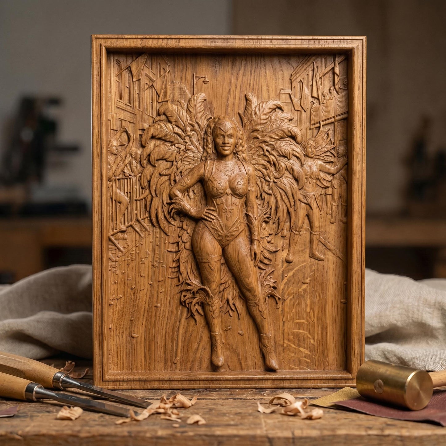 Intricate bas-relief carving of a confident female carnival dancer wearing a detailed feathered costume with large wings, standing in a festive street scene with musicians and performers in the background. The composition features layered depth, ornate textures, and flowing feather details, framed in a classic rectangular border, ideal for CNC carving or 3D printing decorative wall art.