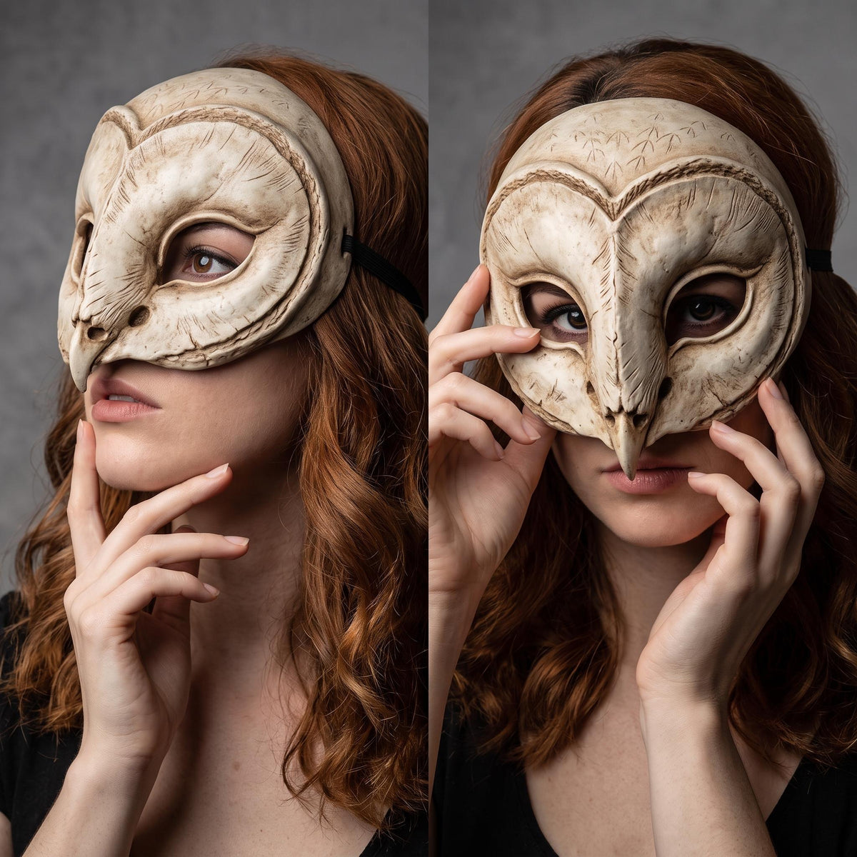 A split-screen photograph featuring two women in elaborate animal masks. The woman on the left has dark, wavy hair and wears a white fox skull mask with filigree, holding tattooed, ring-covered hands to her face. She wears a patterned corset. The woman on the right has purple hair and wears a white fox mask with gold details. She has a dragon tattoo on her left arm and a gold-embroidered corset against a blue-to-yellow background.