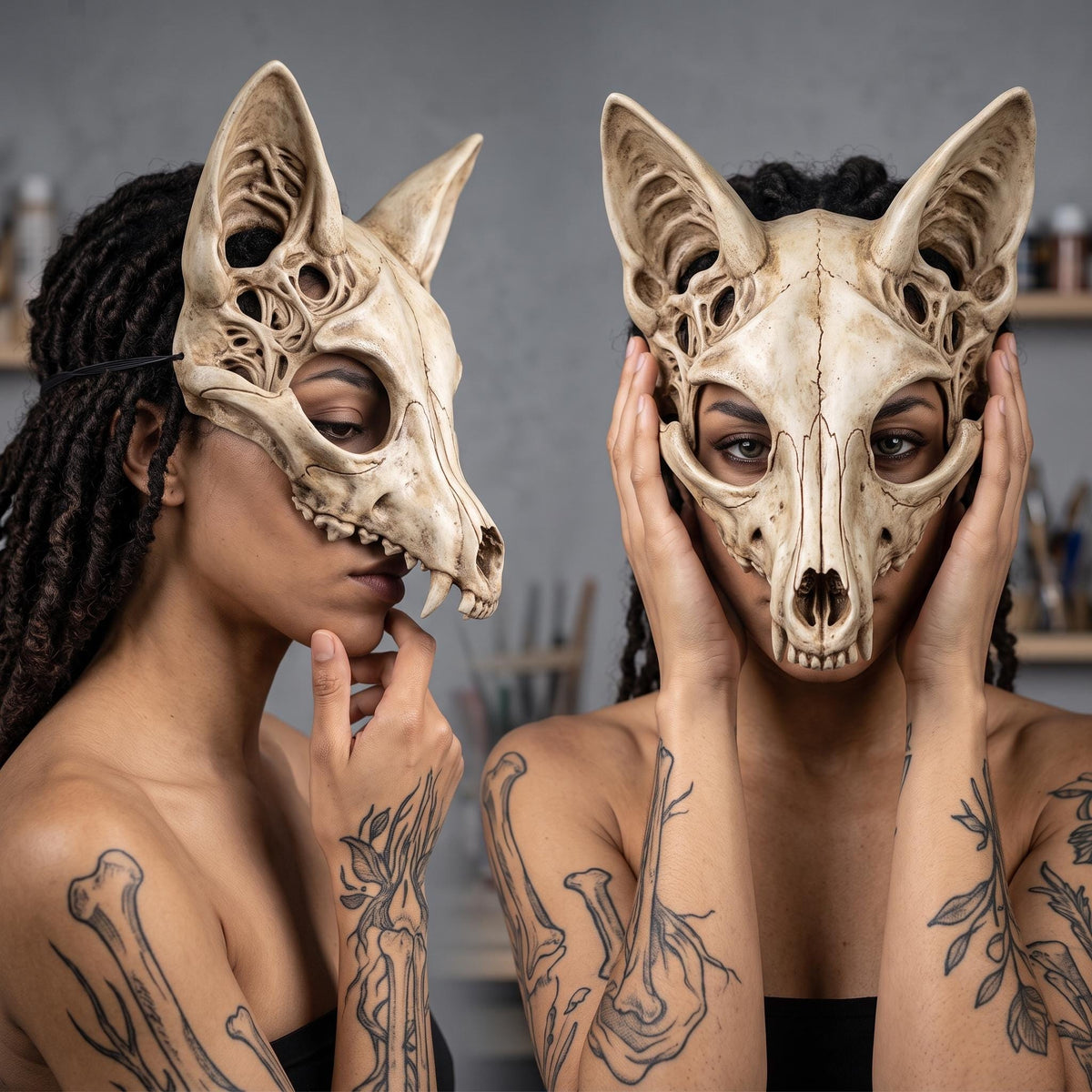 A split-screen photograph featuring two women in elaborate animal masks. The woman on the left has dark, wavy hair and wears a white fox skull mask with filigree, holding tattooed, ring-covered hands to her face. She wears a patterned corset. The woman on the right has purple hair and wears a white fox mask with gold details. She has a dragon tattoo on her left arm and a gold-embroidered corset against a blue-to-yellow background.