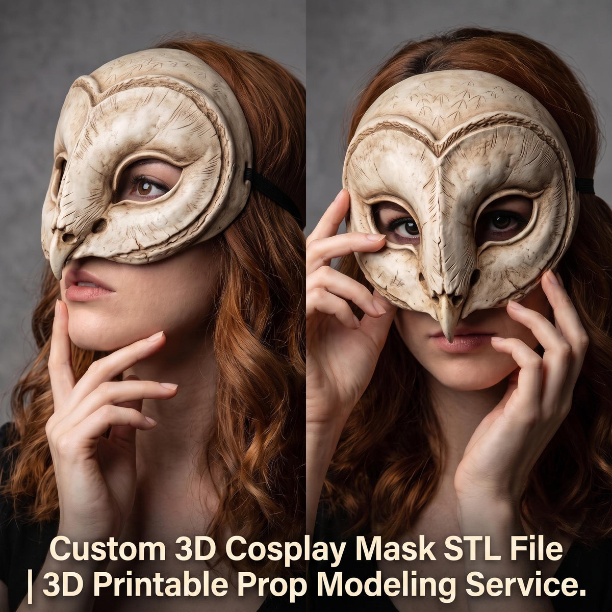 A split-screen photograph featuring two women in elaborate animal masks. The woman on the left has dark, wavy hair and wears a white fox skull mask with filigree, holding tattooed, ring-covered hands to her face. She wears a patterned corset. The woman on the right has purple hair and wears a white fox mask with gold details. She has a dragon tattoo on her left arm and a gold-embroidered corset against a blue-to-yellow background.