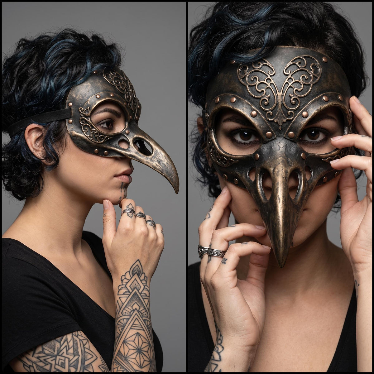A split-screen photograph featuring two women in elaborate animal masks. The woman on the left has dark, wavy hair and wears a white fox skull mask with filigree, holding tattooed, ring-covered hands to her face. She wears a patterned corset. The woman on the right has purple hair and wears a white fox mask with gold details. She has a dragon tattoo on her left arm and a gold-embroidered corset against a blue-to-yellow background.