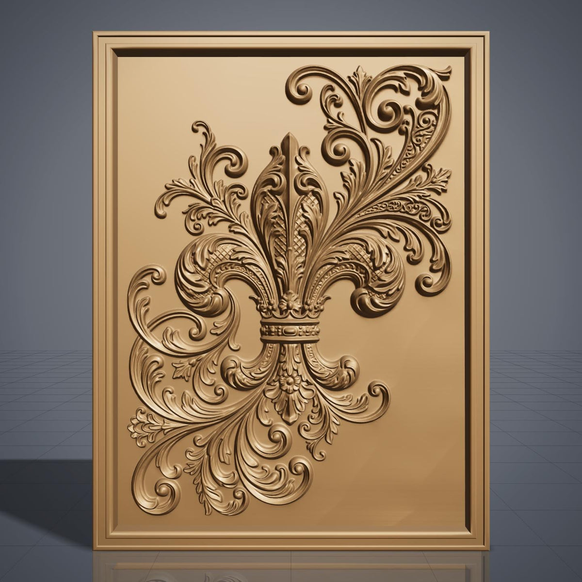 Highly detailed 3D bas-relief of an ornate royal fleur-de-lis topped with a jeweled crown, surrounded by flowing acanthus leaf scrollwork carved in rich walnut wood. The design is set within a raised, molded picture-frame border on a vertical rectangular panel. Fine relief carving captures crisp scroll edges, crown details, and natural wood grain throughout. Designed for CNC relief carving, wood routing, and 3D printing as French-inspired, heraldic, or elegant wall decor.