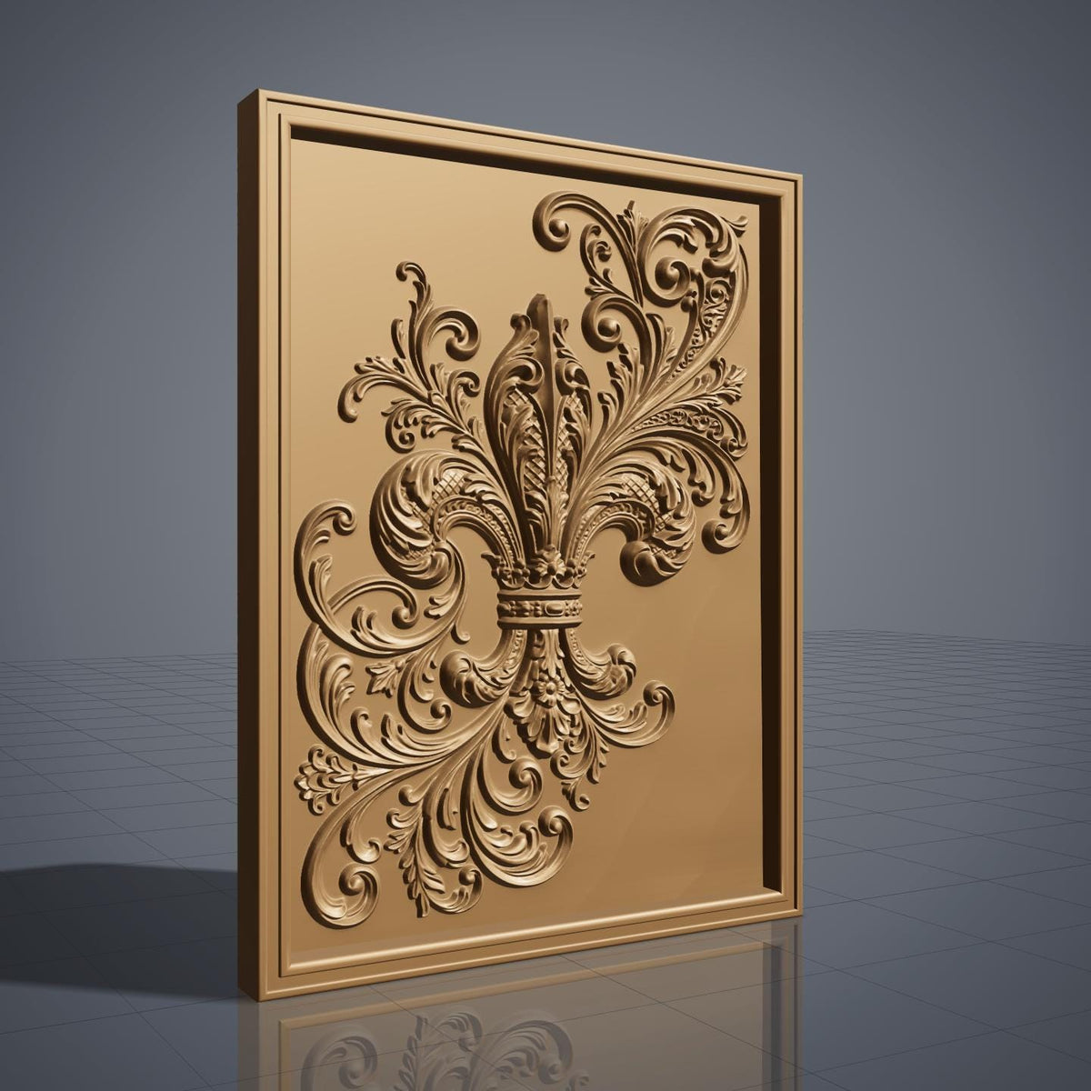 Highly detailed 3D bas-relief of an ornate royal fleur-de-lis topped with a jeweled crown, surrounded by flowing acanthus leaf scrollwork carved in rich walnut wood. The design is set within a raised, molded picture-frame border on a vertical rectangular panel. Fine relief carving captures crisp scroll edges, crown details, and natural wood grain throughout. Designed for CNC relief carving, wood routing, and 3D printing as French-inspired, heraldic, or elegant wall decor.
