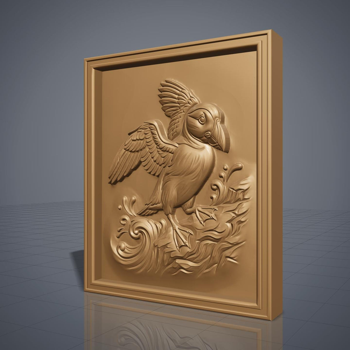 Detailed 3D bas-relief of an Atlantic puffin with wings spread, standing on a rocky cliff amid splashing ocean waves and swirling water patterns. Carved in rich walnut wood grain with fine feather texture and a raised beak, set within a rectangular frame border. Designed for CNC relief carving, wood routing, resin casting, and 3D printing as coastal wall decor.