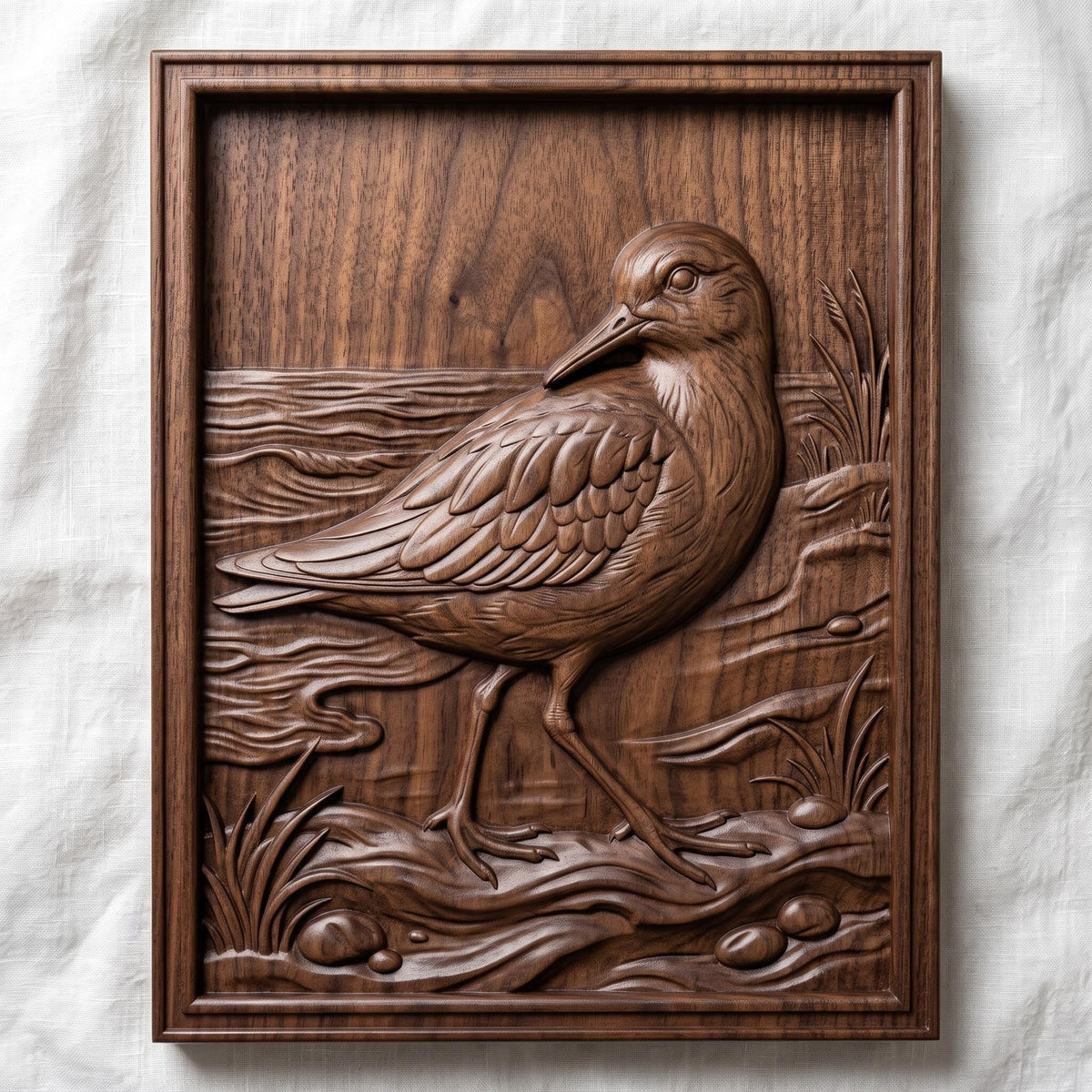 Detailed 3D bas-relief of a sandpiper walking along a shoreline, long slender bill and layered wing feathers, mid-stride on wet sand. Rippling water, scattered pebbles and tufts of marsh grass fill the scene, all set within a raised rectangular frame border. Designed for CNC relief carving, wood routing, resin casting, and 3D printing as coastal wall decor.