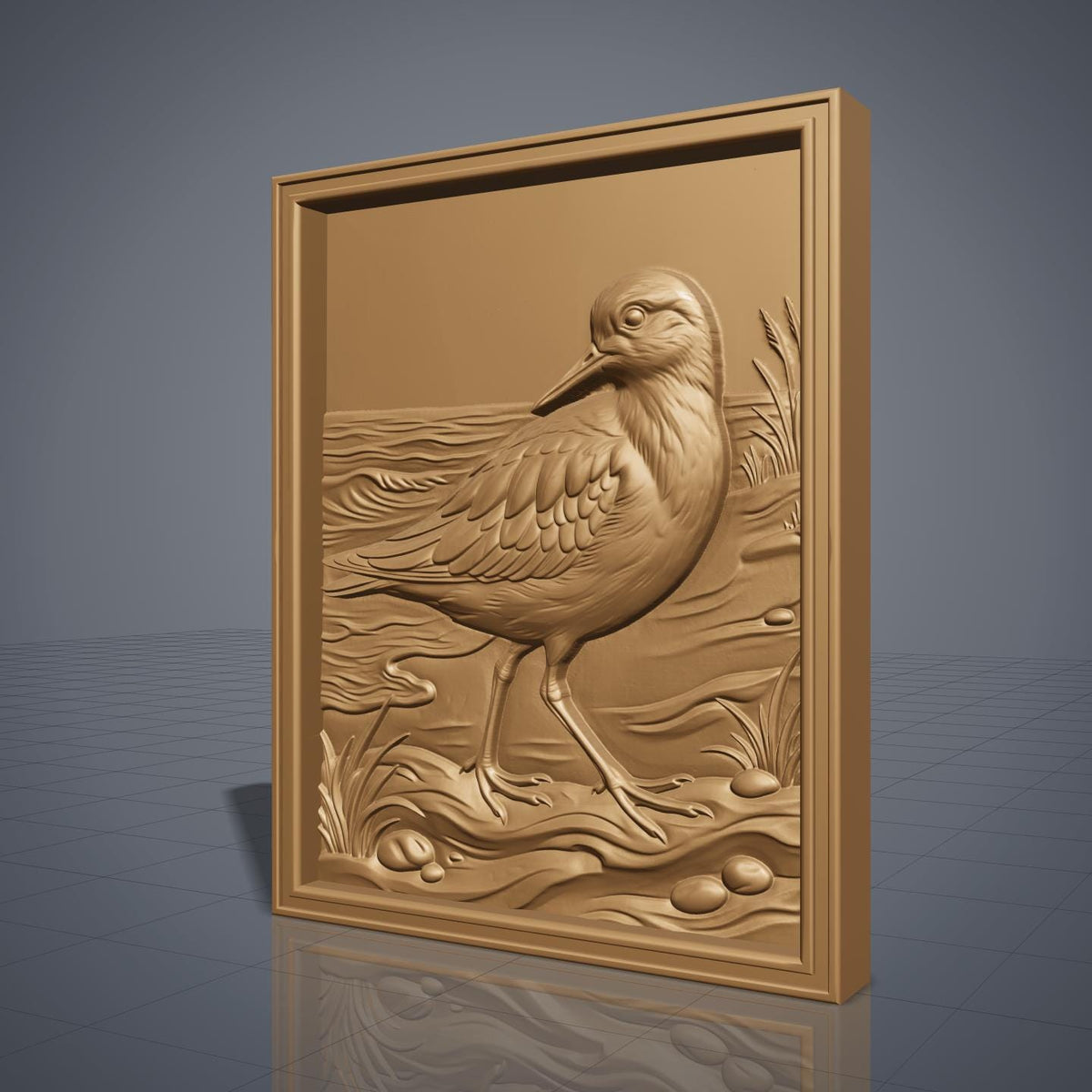 Detailed 3D bas-relief of a sandpiper walking along a shoreline, long slender bill and layered wing feathers, mid-stride on wet sand. Rippling water, scattered pebbles and tufts of marsh grass fill the scene, all set within a raised rectangular frame border. Designed for CNC relief carving, wood routing, resin casting, and 3D printing as coastal wall decor.
