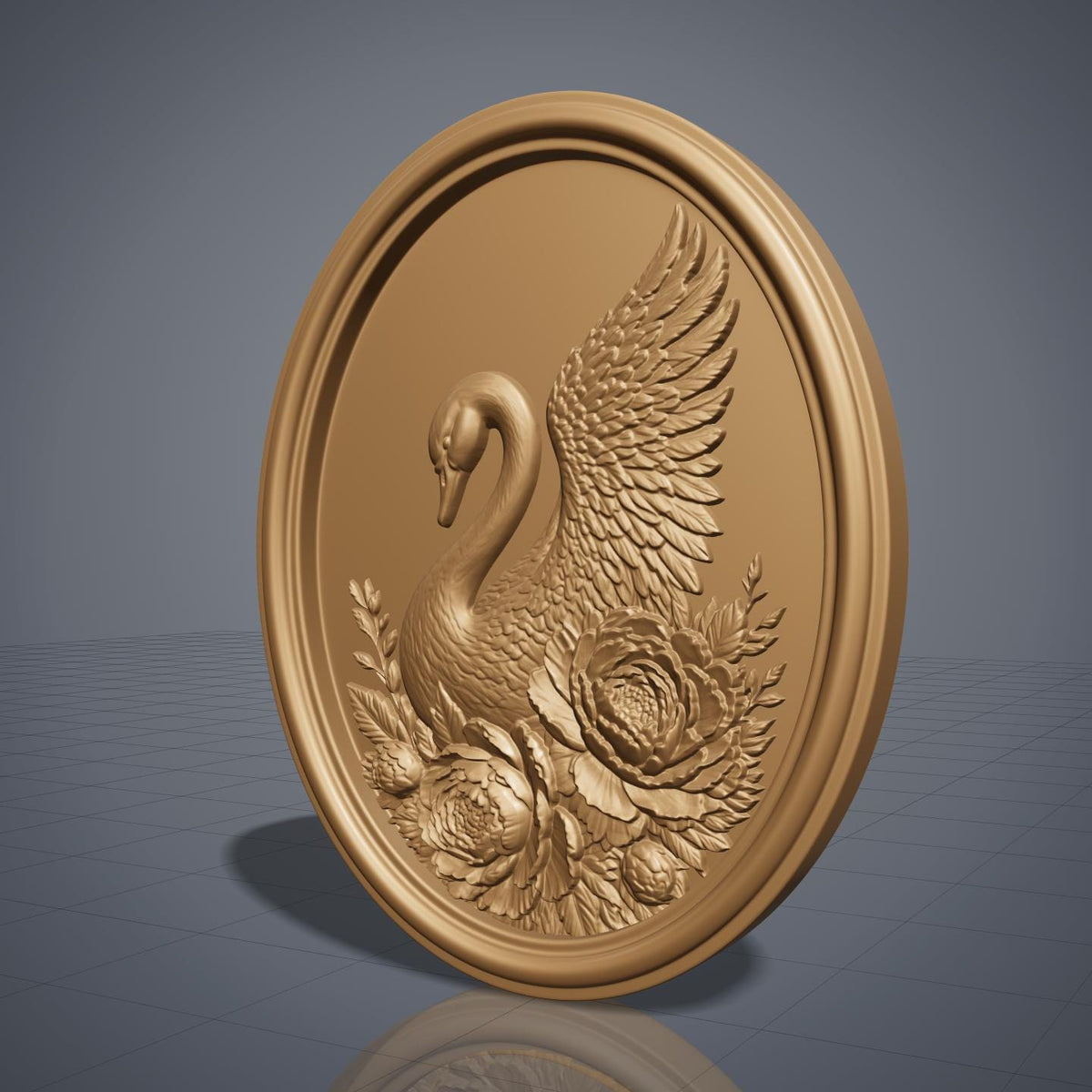 Detailed 3D bas-relief of a swan in profile with its head bowed and one wing raised and spread wide, its body encircled by large blooming peonies, buds and layered foliage. Fine feather and petal texture carved in rich walnut wood with deep shadows, set inside an oval raised molded border. Designed for CNC relief carving, wood routing, and 3D printing as swan wall decor.