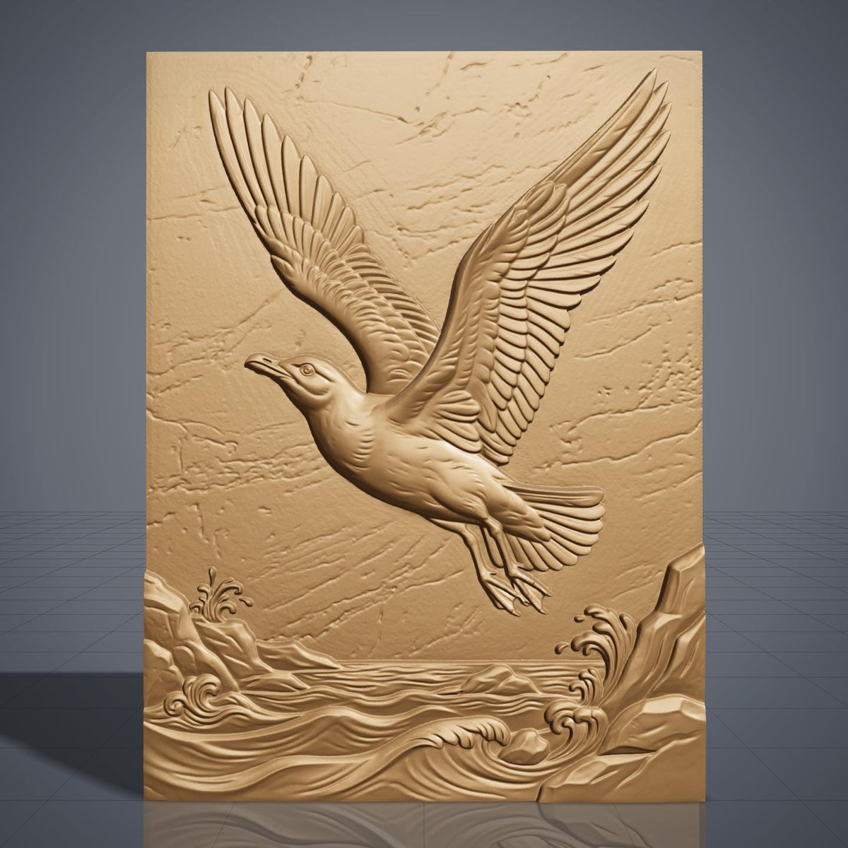 3D bas-relief of a seagull in flight, wings fully spread, soaring above cresting ocean waves and a rocky shoreline. Fine feather detailing and natural stone-like texture cover the rectangular panel background, with carved wave crests and splashing surf along the base. Designed for CNC relief carving, wood routing, resin casting, and 3D printing as coastal wall decor.