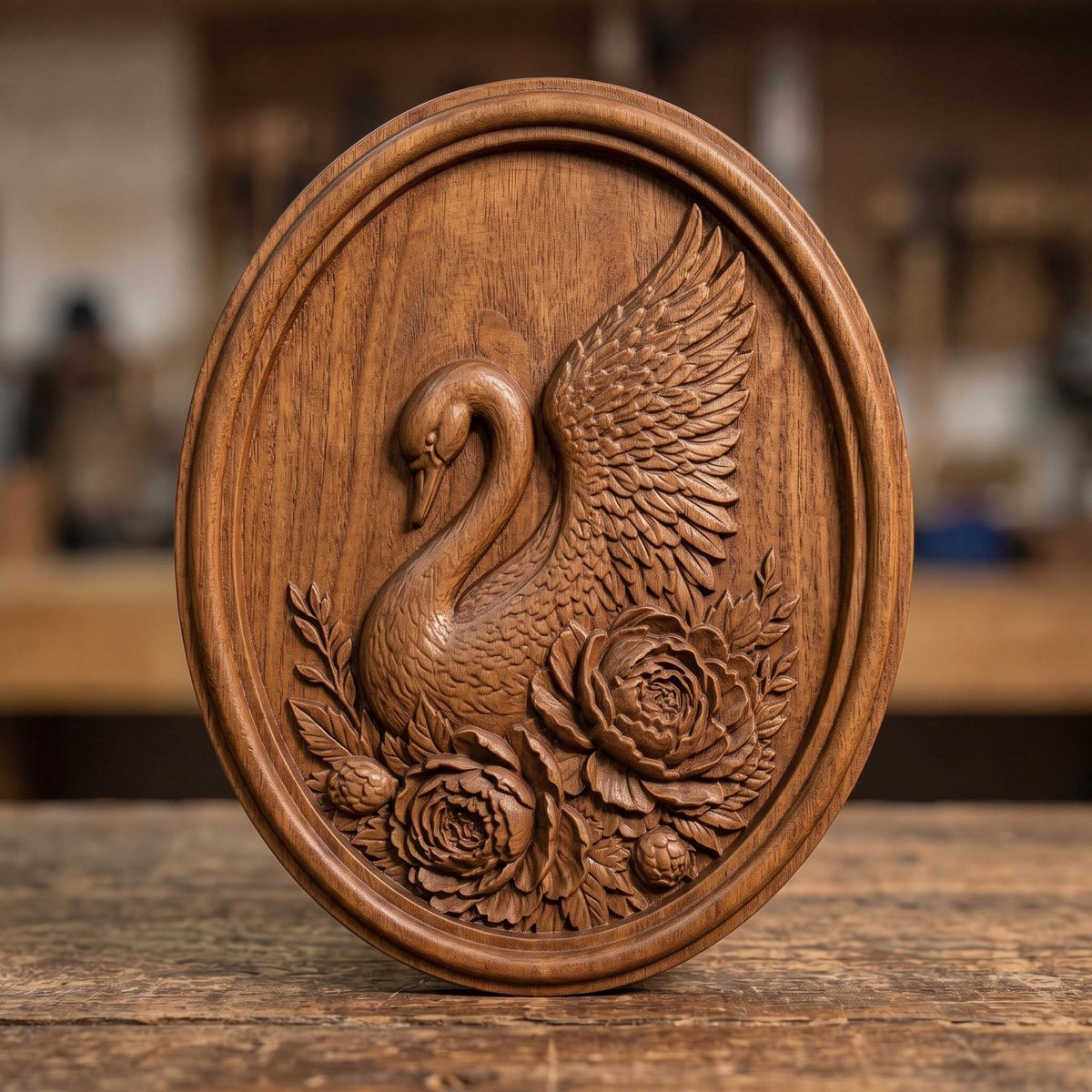 Detailed 3D bas-relief of a swan in profile with its head bowed and one wing raised and spread wide, its body encircled by large blooming peonies, buds and layered foliage. Fine feather and petal texture carved in rich walnut wood with deep shadows, set inside an oval raised molded border. Designed for CNC relief carving, wood routing, and 3D printing as swan wall decor.