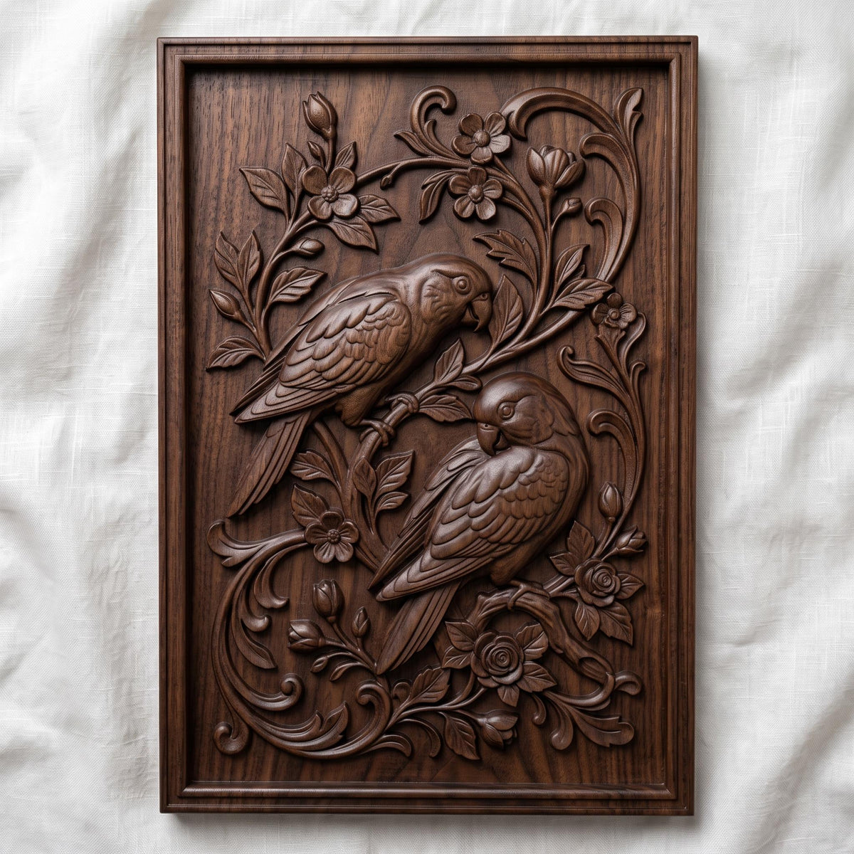 3D bas-relief of two parrots perched on a flowering branch, one above the other with heads turned and long tails sweeping down. Roses, blossoms, buds and acanthus scrollwork fill the panel around them. Set within a rectangular raised molded frame with fine feather and petal detail. Designed for CNC relief carving, wood routing, resin casting, and 3D printing as botanical wall decor.
