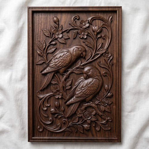 Two Parrots STL 3D Model, Floral Frame Relief, CNC File, Digital Download