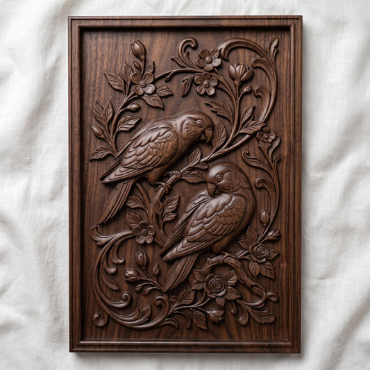 3D bas-relief of two parrots perched on a flowering branch, one above the other with heads turned and long tails sweeping down. Roses, blossoms, buds and acanthus scrollwork fill the panel around them. Set within a rectangular raised molded frame with fine feather and petal detail. Designed for CNC relief carving, wood routing, resin casting, and 3D printing as botanical wall decor.