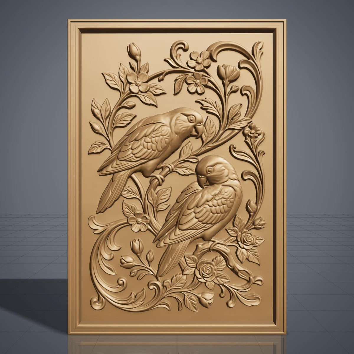 3D bas-relief of two parrots perched on a flowering branch, one above the other with heads turned and long tails sweeping down. Roses, blossoms, buds and acanthus scrollwork fill the panel around them. Set within a rectangular raised molded frame with fine feather and petal detail. Designed for CNC relief carving, wood routing, resin casting, and 3D printing as botanical wall decor.