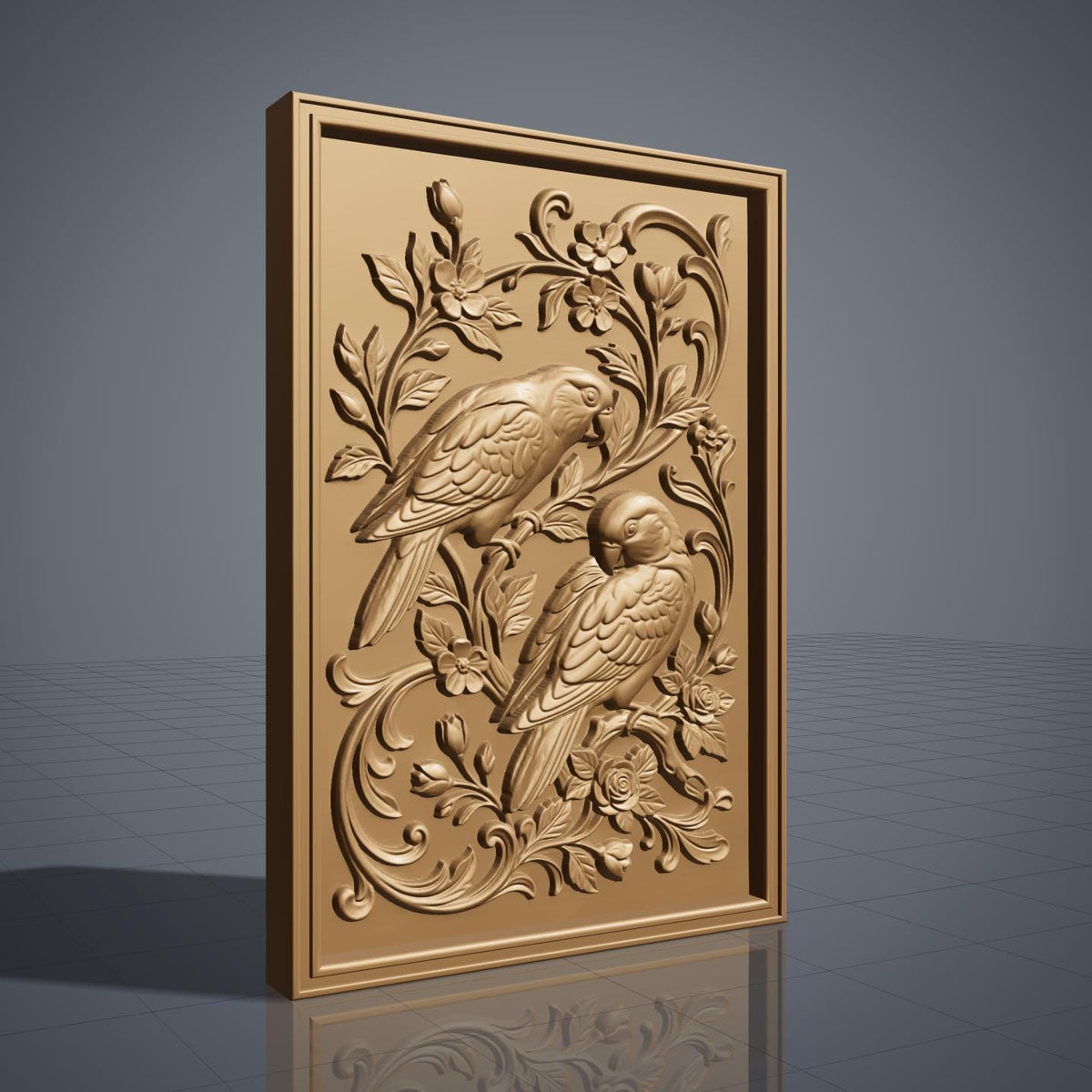 3D bas-relief of two parrots perched on a flowering branch, one above the other with heads turned and long tails sweeping down. Roses, blossoms, buds and acanthus scrollwork fill the panel around them. Set within a rectangular raised molded frame with fine feather and petal detail. Designed for CNC relief carving, wood routing, resin casting, and 3D printing as botanical wall decor.