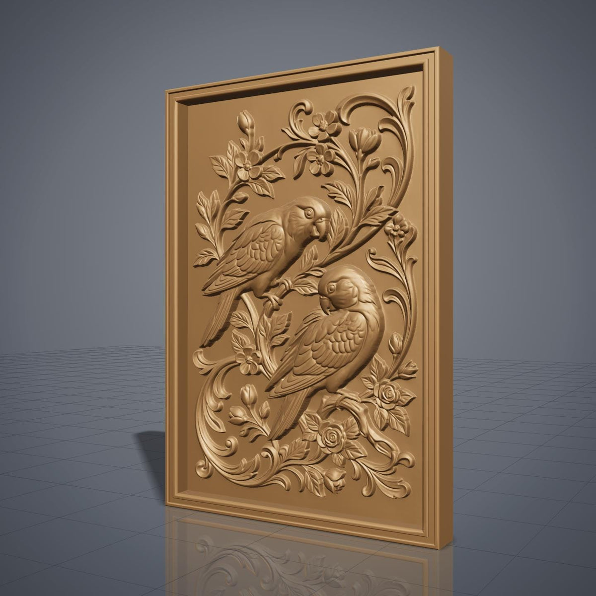 3D bas-relief of two parrots perched on a flowering branch, one above the other with heads turned and long tails sweeping down. Roses, blossoms, buds and acanthus scrollwork fill the panel around them. Set within a rectangular raised molded frame with fine feather and petal detail. Designed for CNC relief carving, wood routing, resin casting, and 3D printing as botanical wall decor.