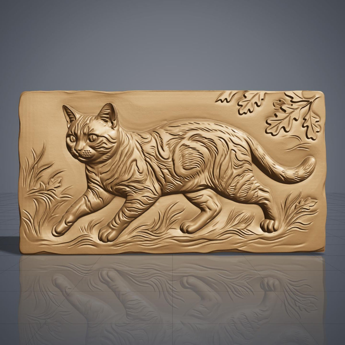 A tabby cat prowling through tall grass, carved in deep 3D bas-relief with fine fur striping, whisker detail, and expressive eyes. An oak leaf and acorn branch drapes across the upper corner, framed within a rectangular wood-textured panel with a naturally beveled edge. Designed for CNC relief carving, wood routing, and 3D printing as rustic wall decor.