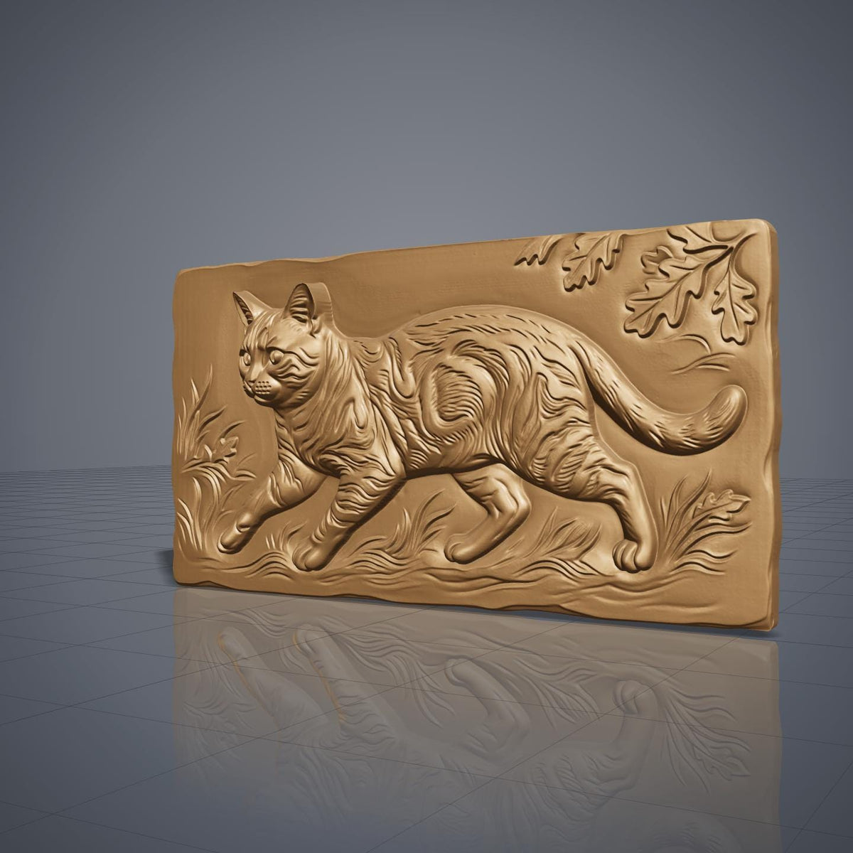 A tabby cat prowling through tall grass, carved in deep 3D bas-relief with fine fur striping, whisker detail, and expressive eyes. An oak leaf and acorn branch drapes across the upper corner, framed within a rectangular wood-textured panel with a naturally beveled edge. Designed for CNC relief carving, wood routing, and 3D printing as rustic wall decor.