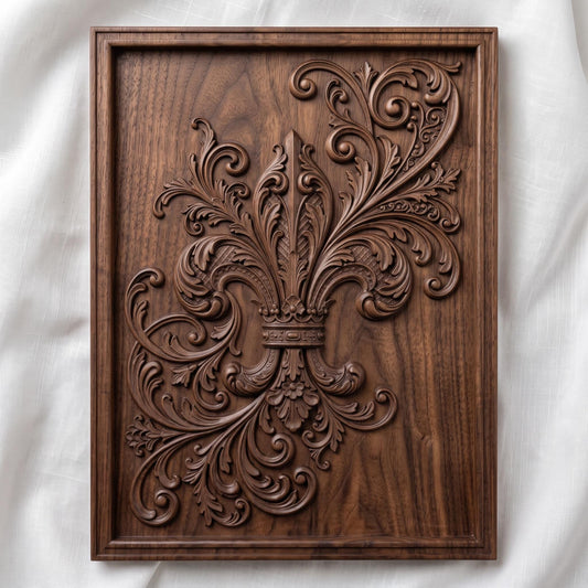 Highly detailed 3D bas-relief of an ornate royal fleur-de-lis topped with a jeweled crown, surrounded by flowing acanthus leaf scrollwork carved in rich walnut wood. The design is set within a raised, molded picture-frame border on a vertical rectangular panel. Fine relief carving captures crisp scroll edges, crown details, and natural wood grain throughout. Designed for CNC relief carving, wood routing, and 3D printing as French-inspired, heraldic, or elegant wall decor.