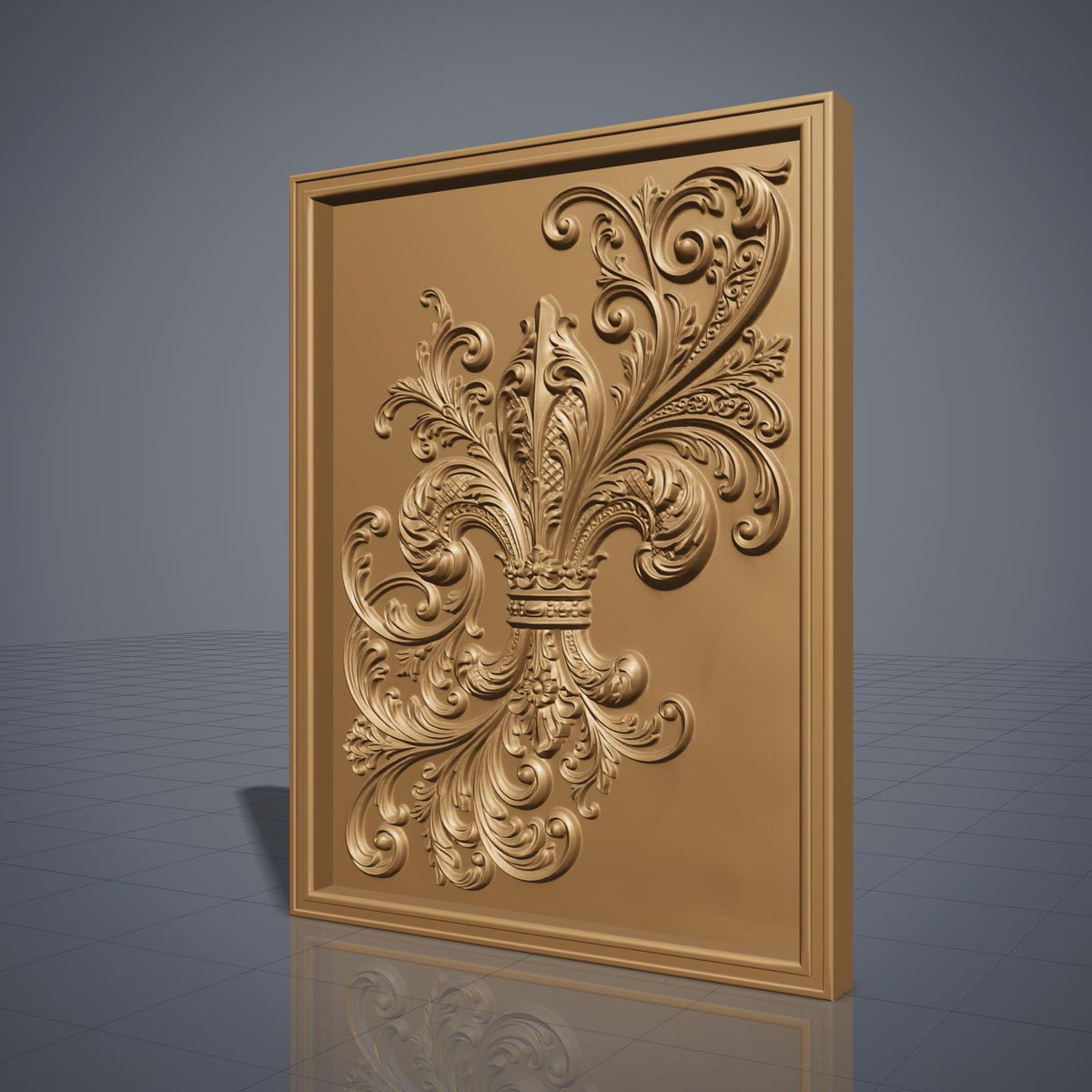 Highly detailed 3D bas-relief of an ornate royal fleur-de-lis topped with a jeweled crown, surrounded by flowing acanthus leaf scrollwork carved in rich walnut wood. The design is set within a raised, molded picture-frame border on a vertical rectangular panel. Fine relief carving captures crisp scroll edges, crown details, and natural wood grain throughout. Designed for CNC relief carving, wood routing, and 3D printing as French-inspired, heraldic, or elegant wall decor.