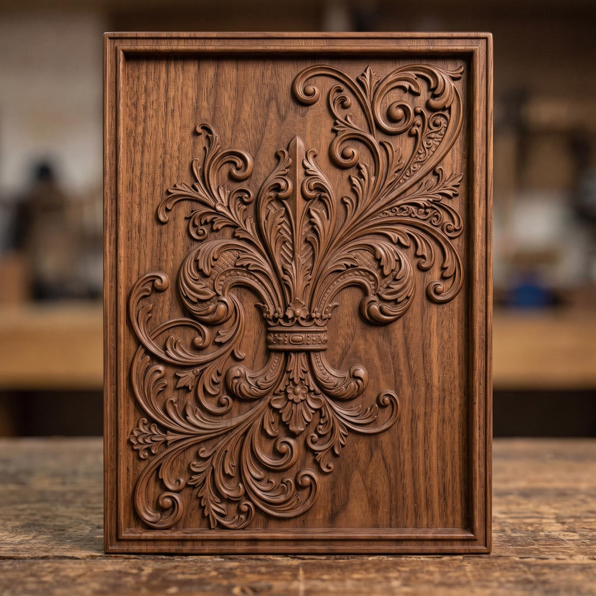 Highly detailed 3D bas-relief of an ornate royal fleur-de-lis topped with a jeweled crown, surrounded by flowing acanthus leaf scrollwork carved in rich walnut wood. The design is set within a raised, molded picture-frame border on a vertical rectangular panel. Fine relief carving captures crisp scroll edges, crown details, and natural wood grain throughout. Designed for CNC relief carving, wood routing, and 3D printing as French-inspired, heraldic, or elegant wall decor.