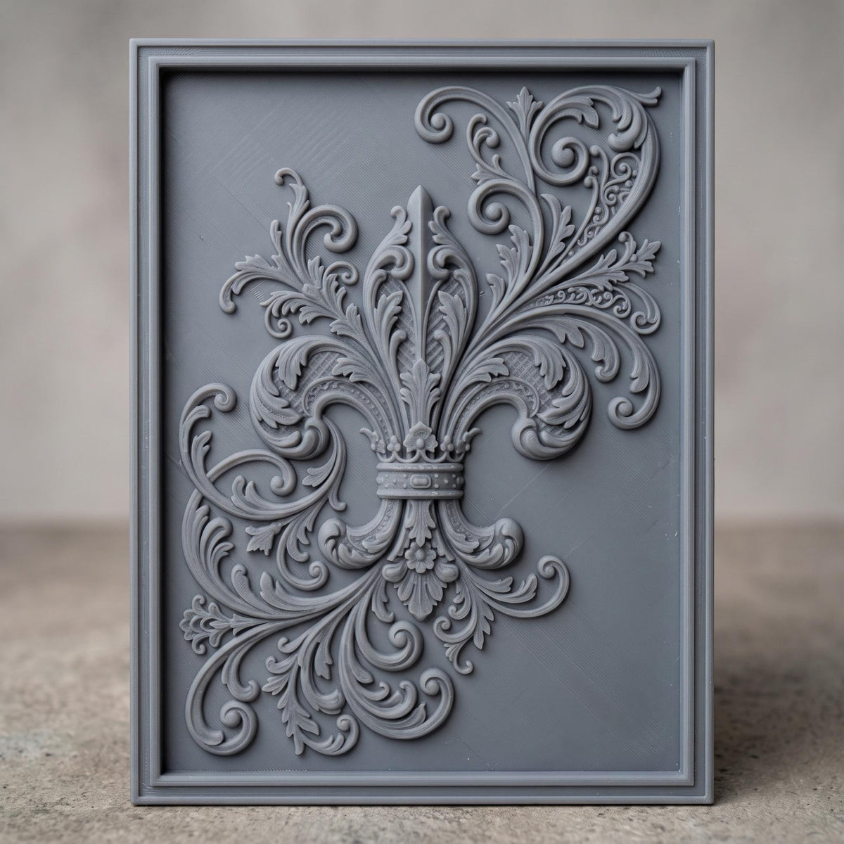 Highly detailed 3D bas-relief of an ornate royal fleur-de-lis topped with a jeweled crown, surrounded by flowing acanthus leaf scrollwork carved in rich walnut wood. The design is set within a raised, molded picture-frame border on a vertical rectangular panel. Fine relief carving captures crisp scroll edges, crown details, and natural wood grain throughout. Designed for CNC relief carving, wood routing, and 3D printing as French-inspired, heraldic, or elegant wall decor.