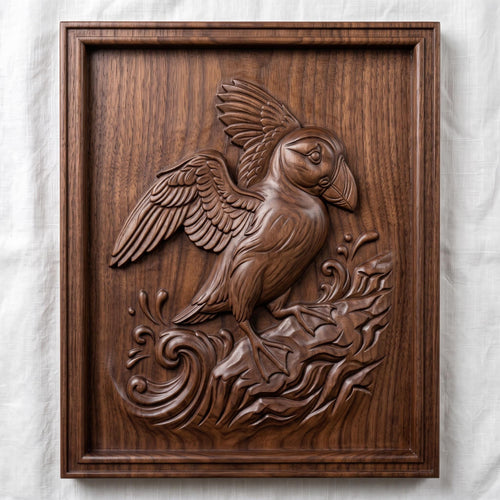 Puffin STL 3D Model, Rocky Cliff Ocean Waves, CNC Relief, Digital Download