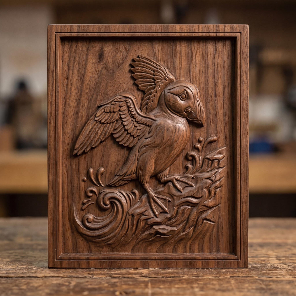 Detailed 3D bas-relief of an Atlantic puffin with wings spread, standing on a rocky cliff amid splashing ocean waves and swirling water patterns. Carved in rich walnut wood grain with fine feather texture and a raised beak, set within a rectangular frame border. Designed for CNC relief carving, wood routing, resin casting, and 3D printing as coastal wall decor.