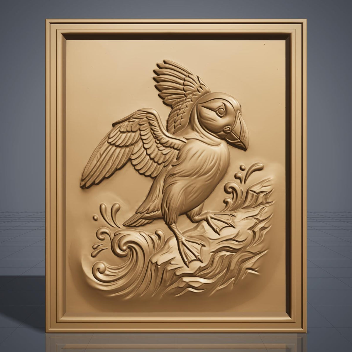 Detailed 3D bas-relief of an Atlantic puffin with wings spread, standing on a rocky cliff amid splashing ocean waves and swirling water patterns. Carved in rich walnut wood grain with fine feather texture and a raised beak, set within a rectangular frame border. Designed for CNC relief carving, wood routing, resin casting, and 3D printing as coastal wall decor.