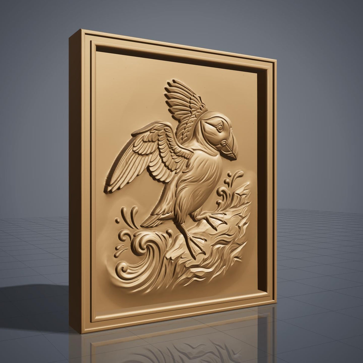 Detailed 3D bas-relief of an Atlantic puffin with wings spread, standing on a rocky cliff amid splashing ocean waves and swirling water patterns. Carved in rich walnut wood grain with fine feather texture and a raised beak, set within a rectangular frame border. Designed for CNC relief carving, wood routing, resin casting, and 3D printing as coastal wall decor.