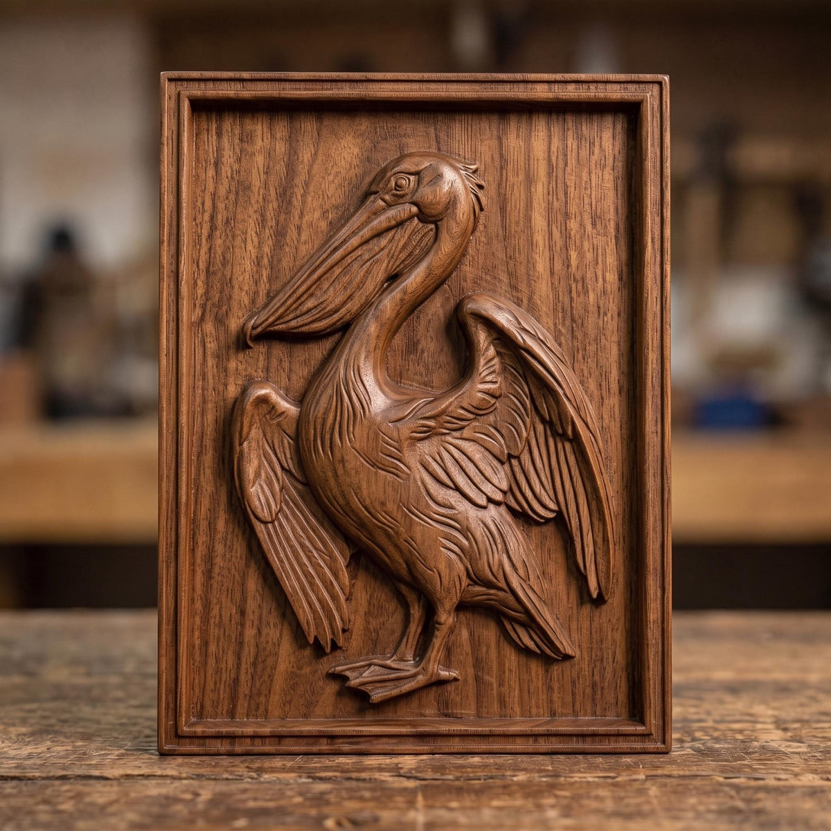 Detailed 3D bas-relief of a pelican standing with wings partly spread, long hooked bill and pouched throat, feather detail across the wings and breast. Carved in rich walnut wood grain and set within a raised rectangular frame border. Designed for CNC relief carving, wood routing, resin casting, and 3D printing as coastal wall decor.