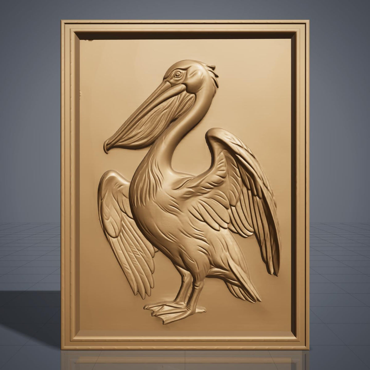 Detailed 3D bas-relief of a pelican standing with wings partly spread, long hooked bill and pouched throat, feather detail across the wings and breast. Carved in rich walnut wood grain and set within a raised rectangular frame border. Designed for CNC relief carving, wood routing, resin casting, and 3D printing as coastal wall decor.