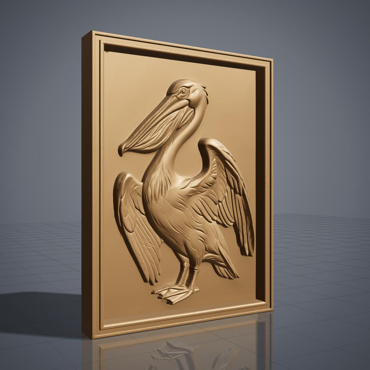 Detailed 3D bas-relief of a pelican standing with wings partly spread, long hooked bill and pouched throat, feather detail across the wings and breast. Carved in rich walnut wood grain and set within a raised rectangular frame border. Designed for CNC relief carving, wood routing, resin casting, and 3D printing as coastal wall decor.