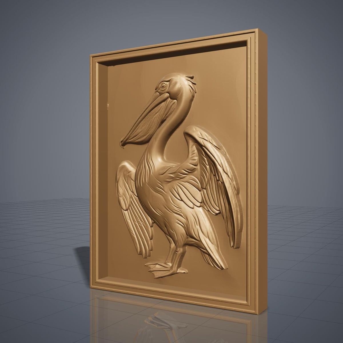 Detailed 3D bas-relief of a pelican standing with wings partly spread, long hooked bill and pouched throat, feather detail across the wings and breast. Carved in rich walnut wood grain and set within a raised rectangular frame border. Designed for CNC relief carving, wood routing, resin casting, and 3D printing as coastal wall decor.
