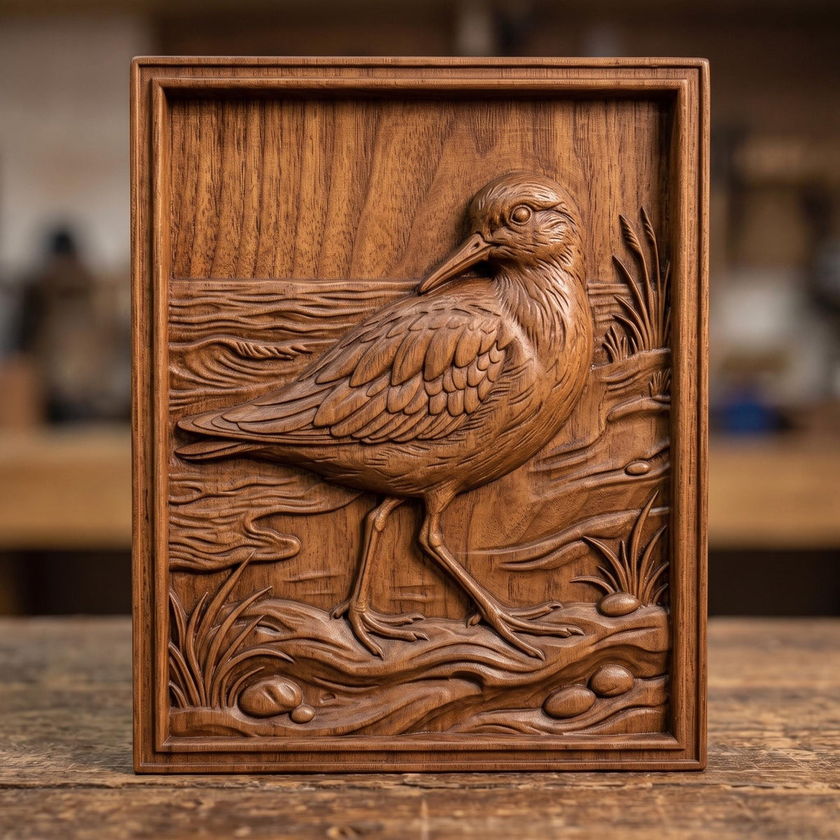 Detailed 3D bas-relief of a sandpiper walking along a shoreline, long slender bill and layered wing feathers, mid-stride on wet sand. Rippling water, scattered pebbles and tufts of marsh grass fill the scene, all set within a raised rectangular frame border. Designed for CNC relief carving, wood routing, resin casting, and 3D printing as coastal wall decor.