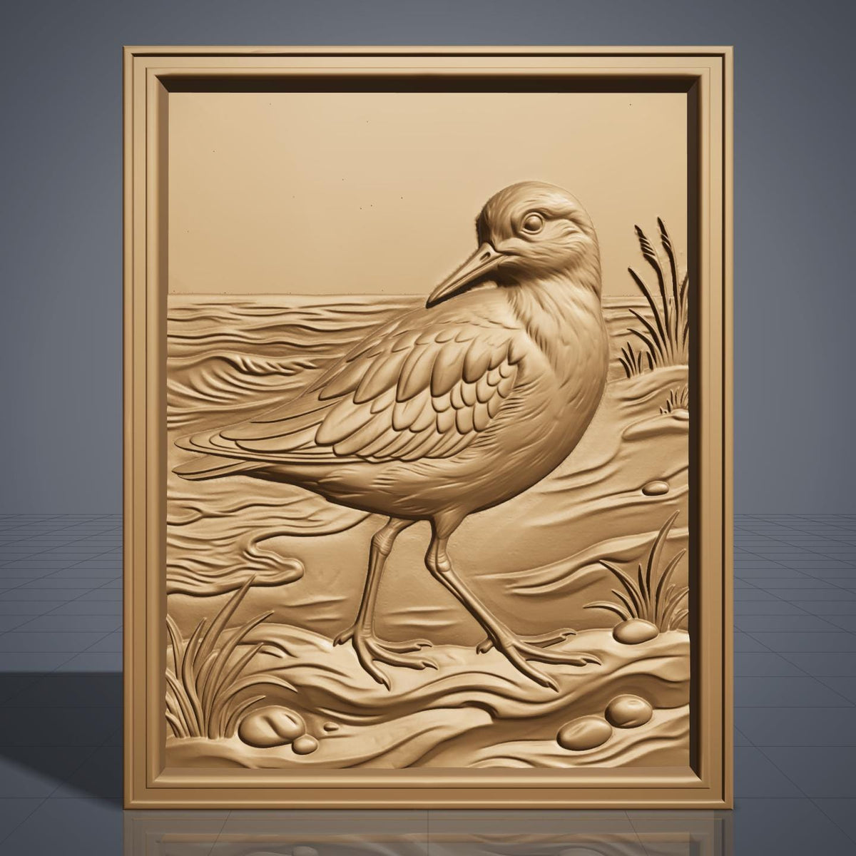 Detailed 3D bas-relief of a sandpiper walking along a shoreline, long slender bill and layered wing feathers, mid-stride on wet sand. Rippling water, scattered pebbles and tufts of marsh grass fill the scene, all set within a raised rectangular frame border. Designed for CNC relief carving, wood routing, resin casting, and 3D printing as coastal wall decor.