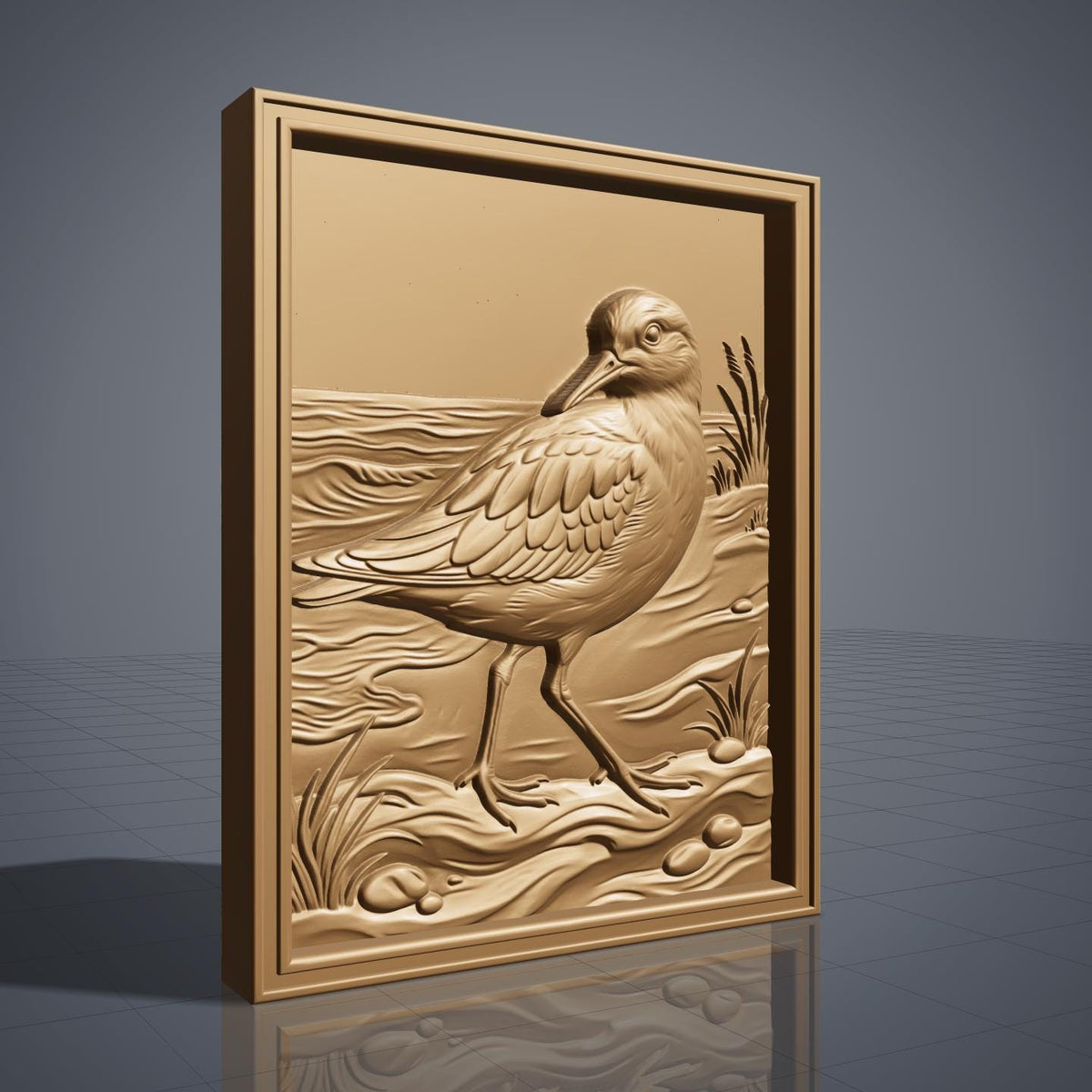Detailed 3D bas-relief of a sandpiper walking along a shoreline, long slender bill and layered wing feathers, mid-stride on wet sand. Rippling water, scattered pebbles and tufts of marsh grass fill the scene, all set within a raised rectangular frame border. Designed for CNC relief carving, wood routing, resin casting, and 3D printing as coastal wall decor.