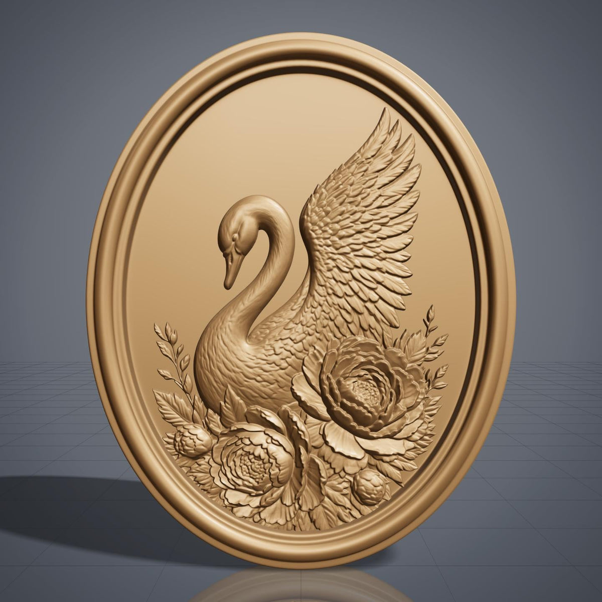 Detailed 3D bas-relief of a swan in profile with its head bowed and one wing raised and spread wide, its body encircled by large blooming peonies, buds and layered foliage. Fine feather and petal texture carved in rich walnut wood with deep shadows, set inside an oval raised molded border. Designed for CNC relief carving, wood routing, and 3D printing as swan wall decor.