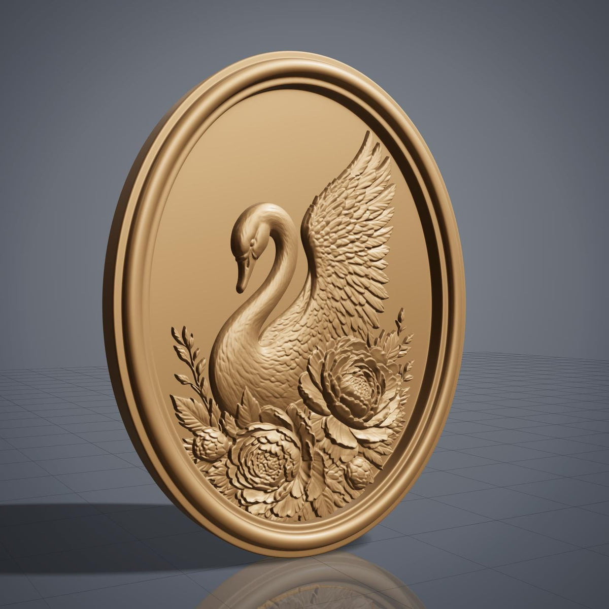 Detailed 3D bas-relief of a swan in profile with its head bowed and one wing raised and spread wide, its body encircled by large blooming peonies, buds and layered foliage. Fine feather and petal texture carved in rich walnut wood with deep shadows, set inside an oval raised molded border. Designed for CNC relief carving, wood routing, and 3D printing as swan wall decor.