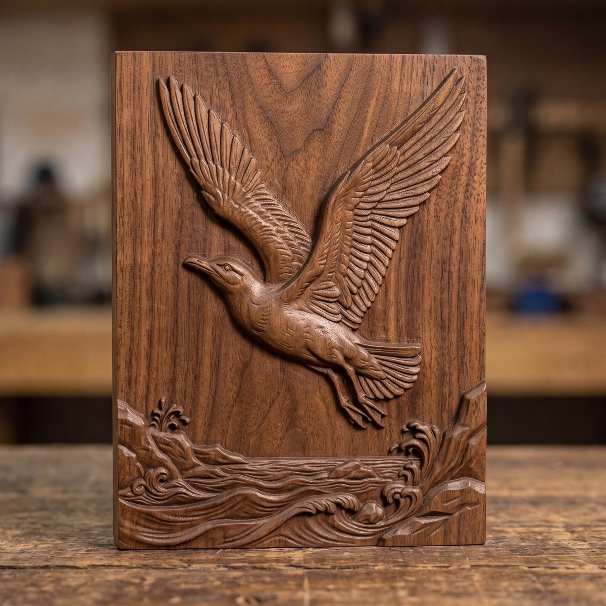 3D bas-relief of a seagull in flight, wings fully spread, soaring above cresting ocean waves and a rocky shoreline. Fine feather detailing and natural stone-like texture cover the rectangular panel background, with carved wave crests and splashing surf along the base. Designed for CNC relief carving, wood routing, resin casting, and 3D printing as coastal wall decor.