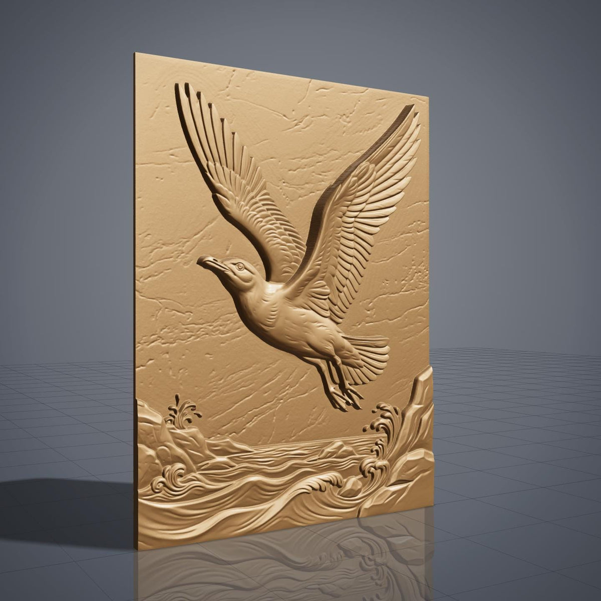 3D bas-relief of a seagull in flight, wings fully spread, soaring above cresting ocean waves and a rocky shoreline. Fine feather detailing and natural stone-like texture cover the rectangular panel background, with carved wave crests and splashing surf along the base. Designed for CNC relief carving, wood routing, resin casting, and 3D printing as coastal wall decor.